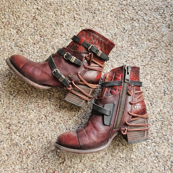 Freebird Burgundy Leather Ankle Boots with Buckle Detail - Picture 1 of 5
